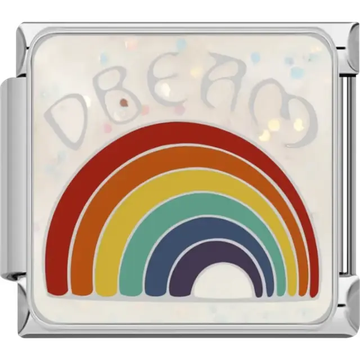 Colorful rainbow with the word "Dream" in silver font on a glittery white background Italian charm bracelet link