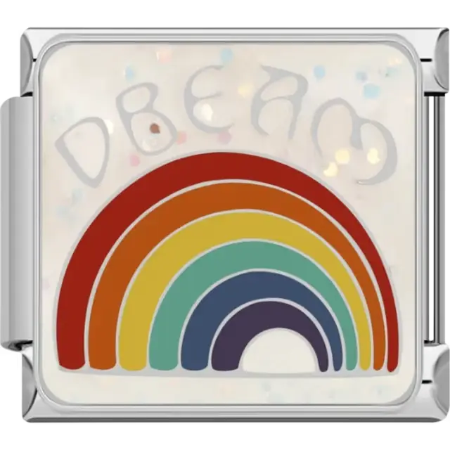 Colorful rainbow with the word "Dream" in silver font on a glittery white background Italian charm bracelet link
