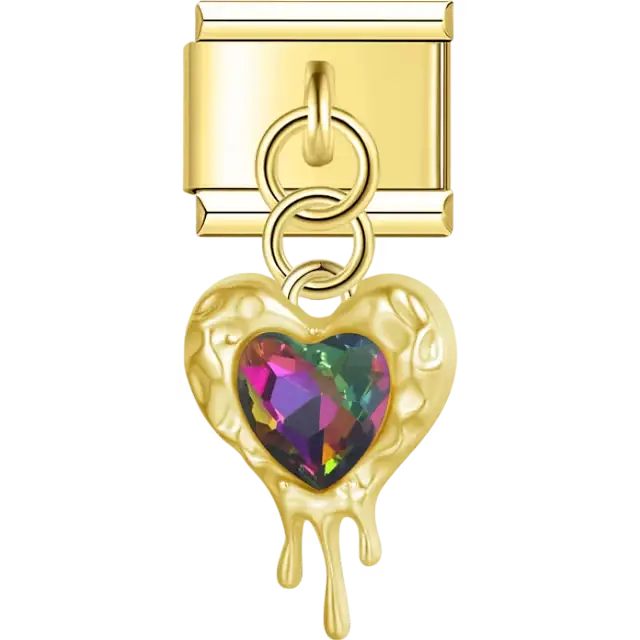 Heart with rainbow faceted gem and dripping design dangle Italian charm bracelet link