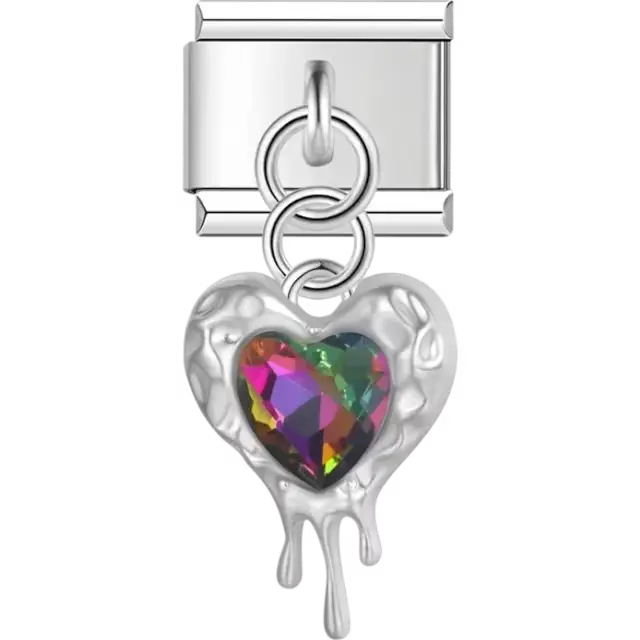 Heart with rainbow faceted gem and dripping design dangle Italian charm bracelet link