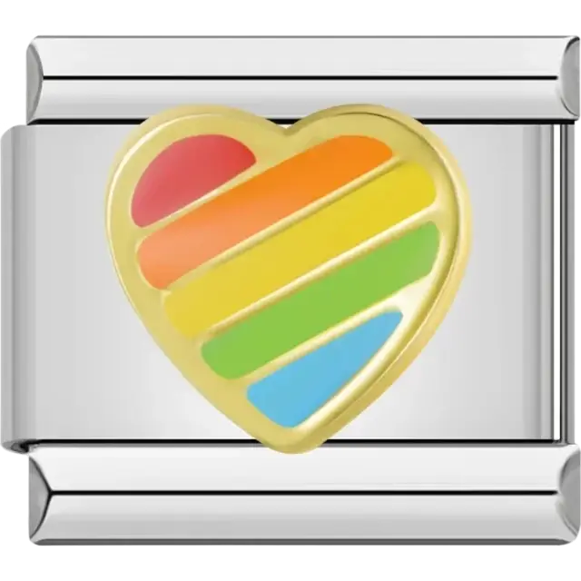 Gold heart with rainbow stripes in red, orange, yellow, green, and blue Italian charm bracelet link