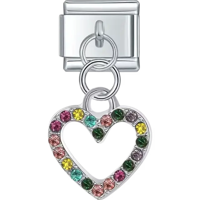 Open heart pendant with multicolored crystal accents Italian charm bracelet link
