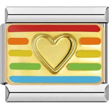 Gold heart with rainbow stripes in red, orange, yellow, green, and blue Italian charm bracelet link