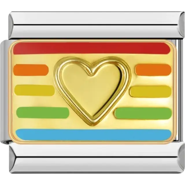 Gold heart with rainbow stripes in red, orange, yellow, green, and blue Italian charm bracelet link