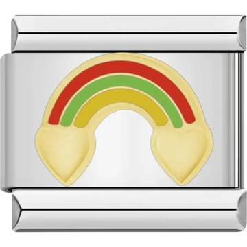 Gold rainbow design with red, green, and yellow arcs ending in heart shapes Italian charm bracelet link