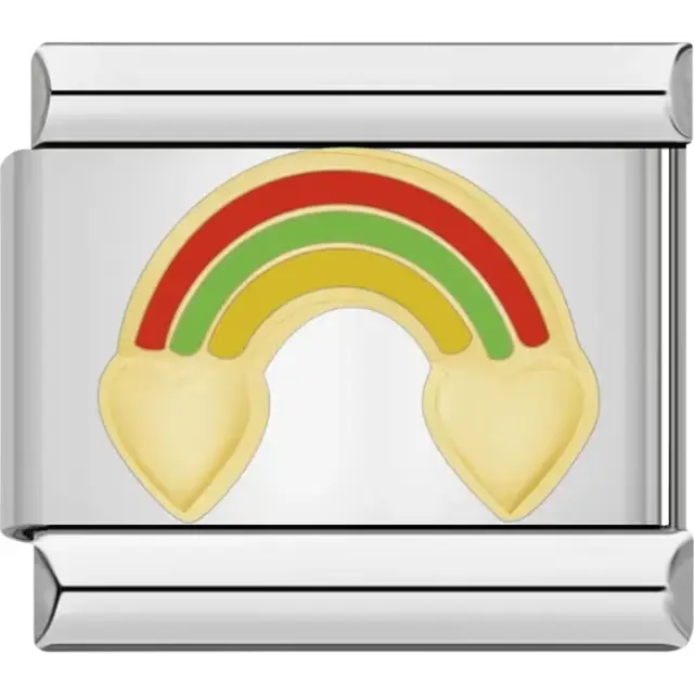Gold rainbow design with red, green, and yellow arcs ending in heart shapes Italian charm bracelet link