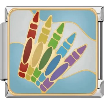 Rainbow pencil design with gold outlines on a blue background Italian charm bracelet link