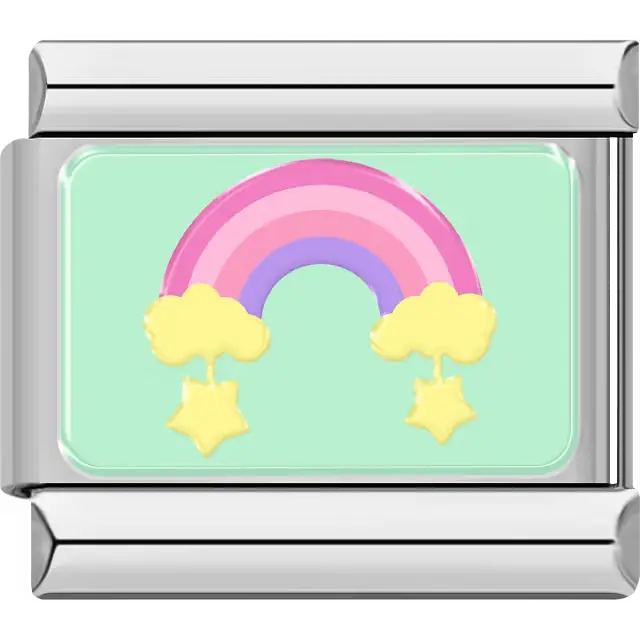Pink purple rainbow yellow star clouds mint green background Italian charm bracelet link