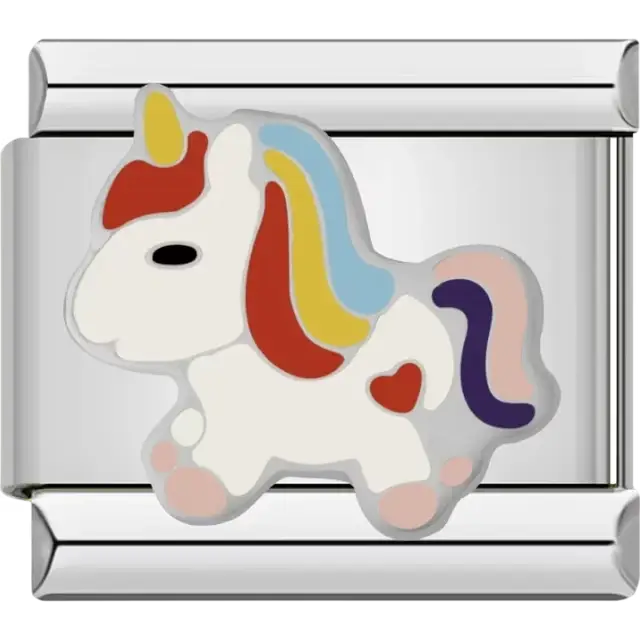 White unicorn with rainbow mane tail and red heart accent Italian charm bracelet link