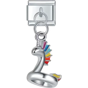 Dangle featuring a unicorn float with rainbow mane and tail accents Italian charm bracelet link