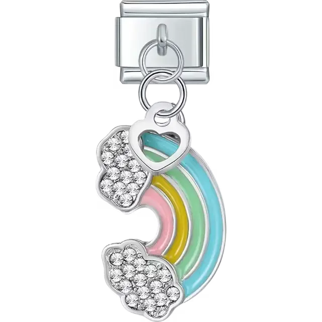 Colorful rainbow pendant with crystal-embellished clouds and a heart-shaped detail Italian charm bracelet link