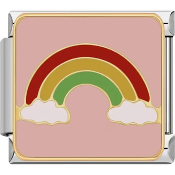 Design featuring a red, yellow, and green rainbow with white clouds on a pink background Italian charm bracelet link