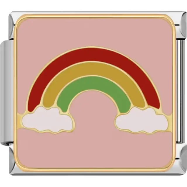 Design featuring a red, yellow, and green rainbow with white clouds on a pink background Italian charm bracelet link