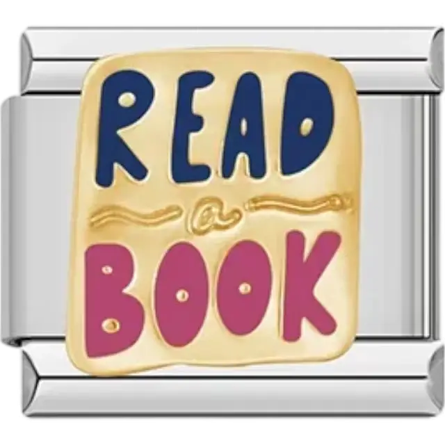 Gold "READ a BOOK" text in blue and pink design Italian charm bracelet link