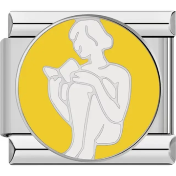 Silver outline of a woman reading on a yellow background Italian charm bracelet link