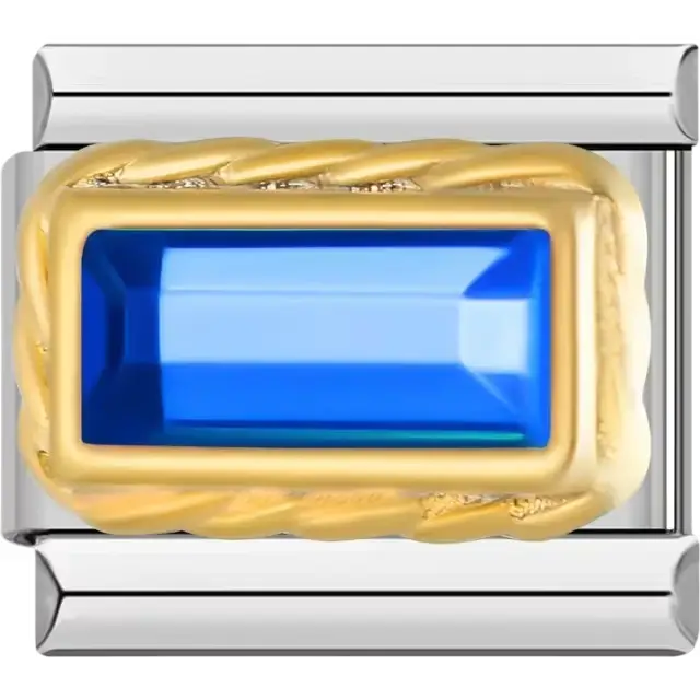 Rectangular-shaped blue gemstone with a braided border Italian charm bracelet link