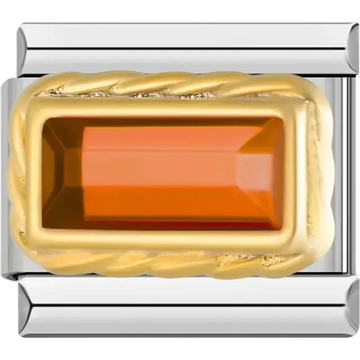 Rectangular-shaped orange gemstone framed by a braided border Italian charm bracelet link