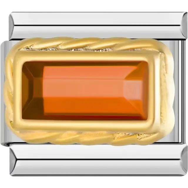 Rectangular-shaped orange gemstone framed by a braided border Italian charm bracelet link