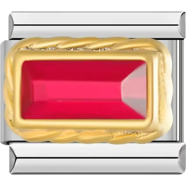 Rectangular-shaped red gemstone with a braided border Italian charm bracelet link