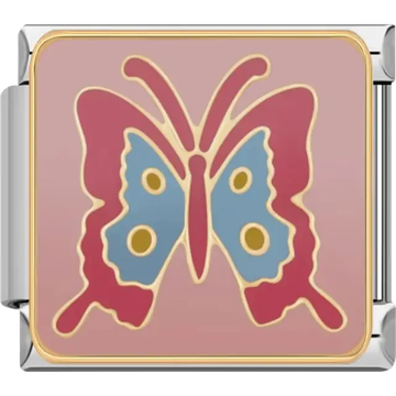 Butterfly with red and blue wings featuring golden accents on a pink background Italian charm bracelet link