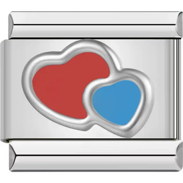 Double hearts design with red and blue Italian charm bracelet link