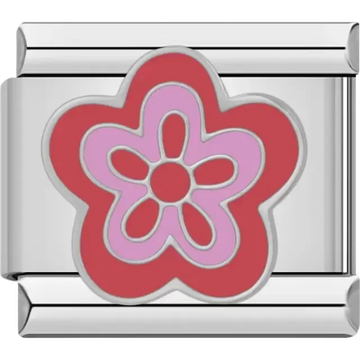 Red flower charm with a light pink inner flower design Italian charm bracelet link