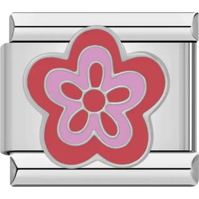 Red flower charm with a light pink inner flower design Italian charm bracelet link