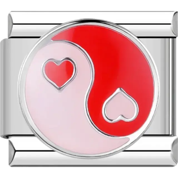 Yin Yang symbol with red and pink hearts Italian charm bracelet link