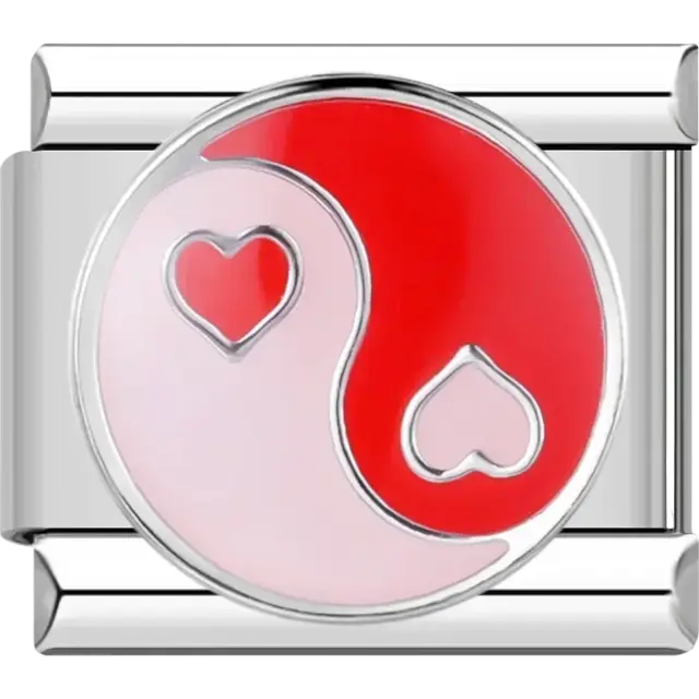 Yin Yang symbol with red and pink hearts Italian charm bracelet link