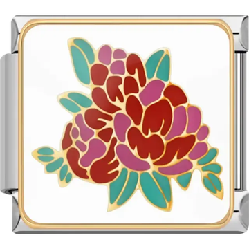 Red and purple flower cluster with green leaves and gold outlines on white background Italian charm bracelet link