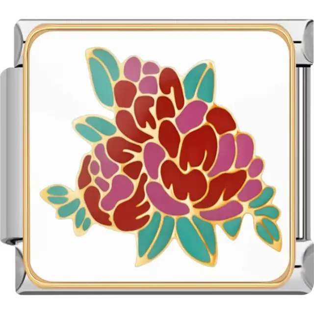 Red and purple flower cluster with green leaves and gold outlines on white background Italian charm bracelet link