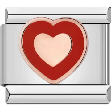 Red and rose gold double heart design on an Italian charm bracelet link