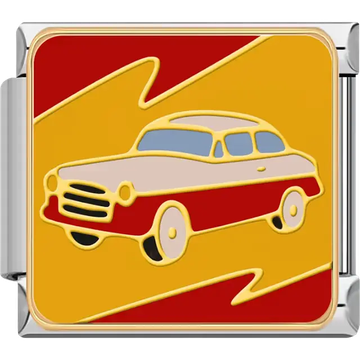 Red and yellow vintage car with gold outline on yellow and red background Italian charm bracelet link