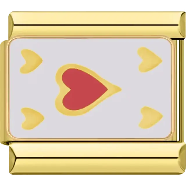 Red and yellow heart design surrounded by smaller yellow hearts with gold details Italian charm bracelet link