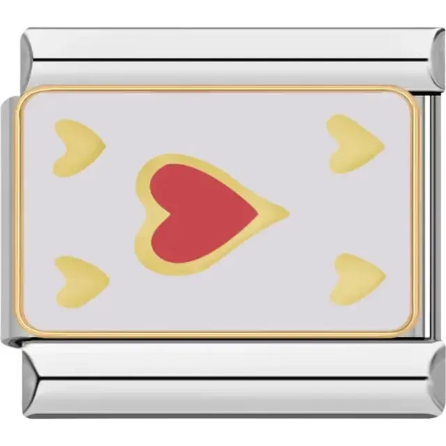 Red and yellow heart design surrounded by smaller yellow hearts with gold details Italian charm bracelet link