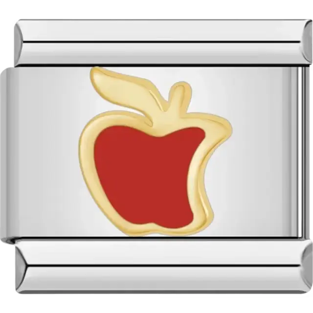 Gold red apple design with a leaf detail Italian charm bracelet link