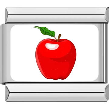 Red apple with a green leaf and brown stem on a white background Italian charm bracelet link