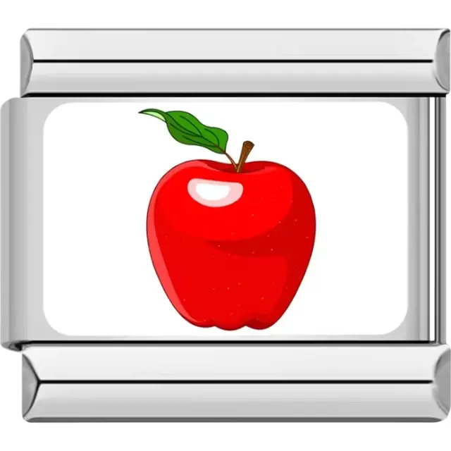 Red apple with a green leaf and brown stem on a white background Italian charm bracelet link