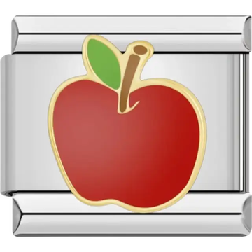 Red apple design with green leaf Italian charm bracelet link