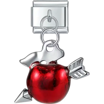 Red apple with silver arrow and stem dangle Italian charm bracelet link