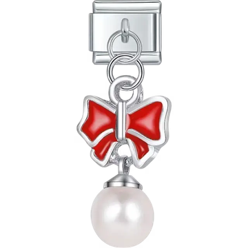 Red bow with dangling pearl design Italian charm bracelet link