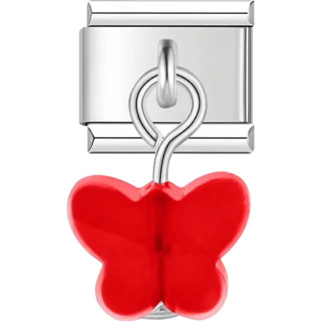 Dangle red butterfly with smooth translucent finish Italian charm bracelet link
