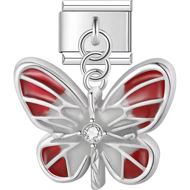 Red enamel butterfly with clear crystal accent Italian charm bracelet link