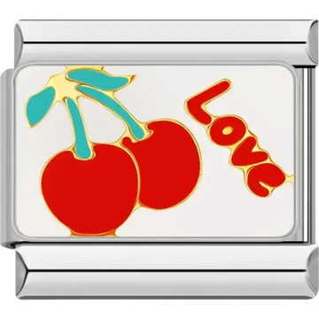 Red cherries with gold detailing and love text on a white background Italian charm bracelet link