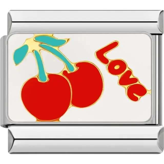 Red cherries with gold detailing and love text on a white background Italian charm bracelet link