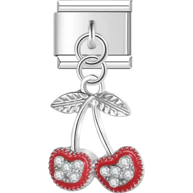 Two red cherries with crystal accents and leaf details Italian charm bracelet link