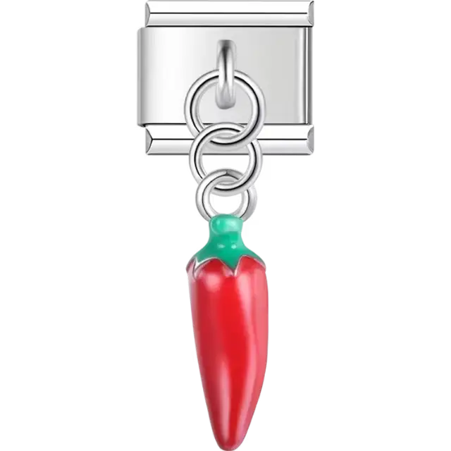 Red chili pepper with green stem Italian charm bracelet link