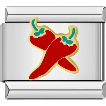 Two vibrant red chili peppers with green stems outlined in gold-tone Italian charm bracelet link