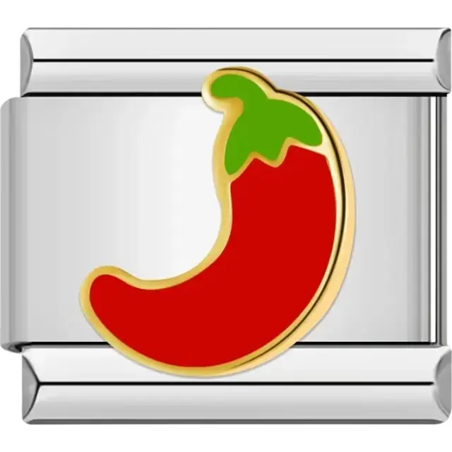 Bright red chili pepper with a green stem and gold outline Italian charm bracelet link