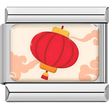 Red Chinese lantern with yellow details and orange cloud accents on cream background Italian charm bracelet link